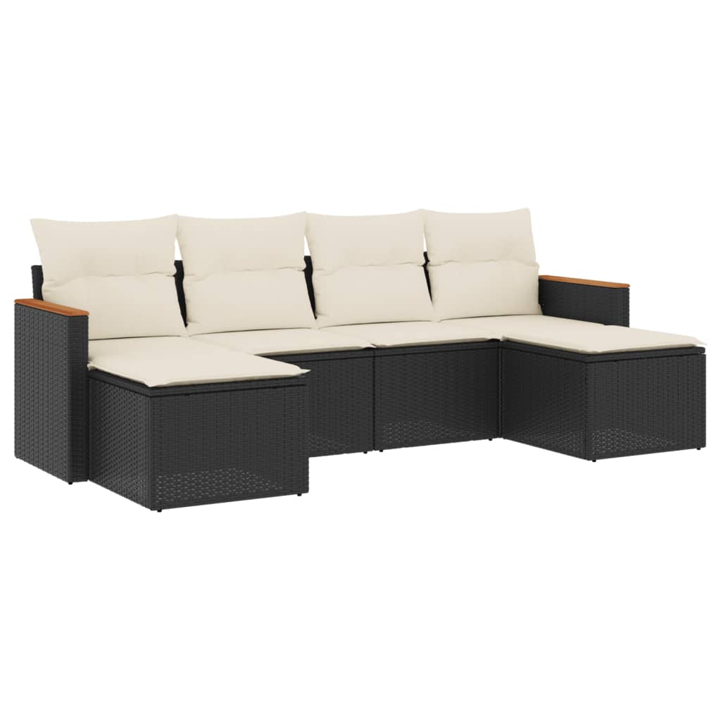 6-delige Loungeset met kussens poly rattan zwart