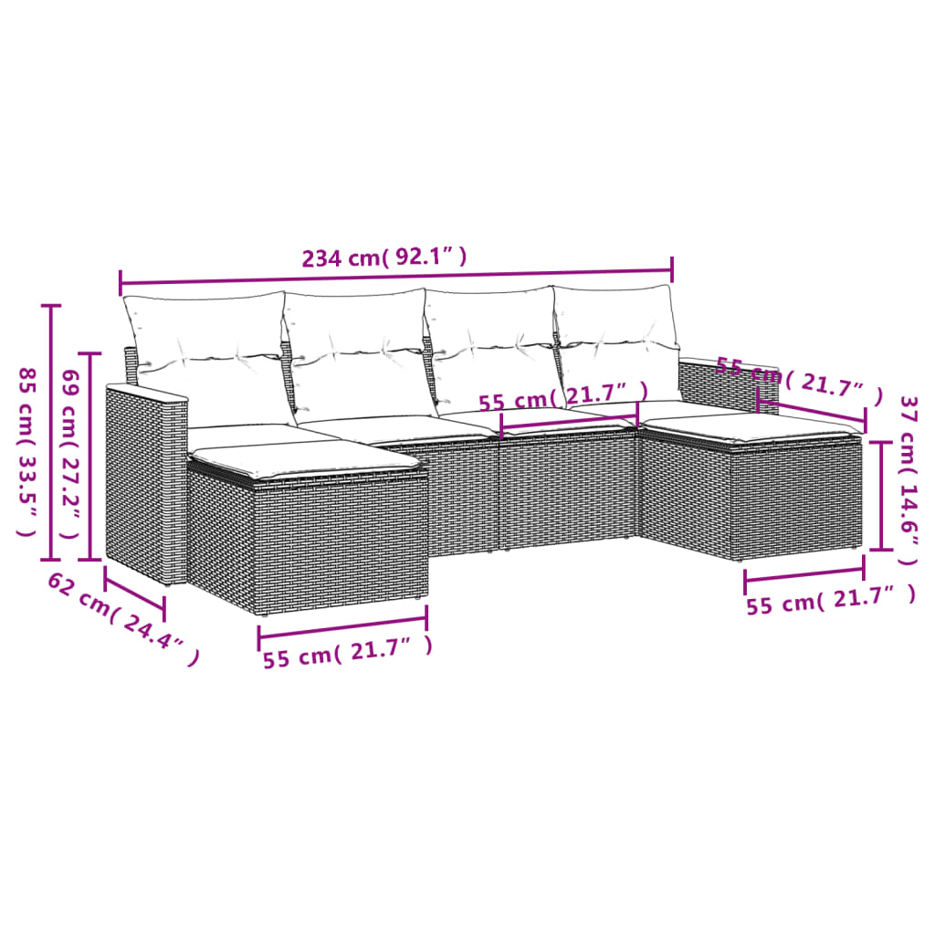 6-delige Loungeset met kussens poly rattan zwart