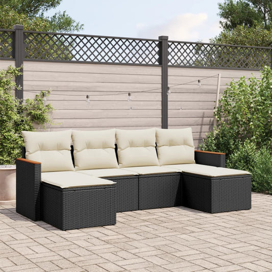 6-delige Loungeset met kussens poly rattan zwart