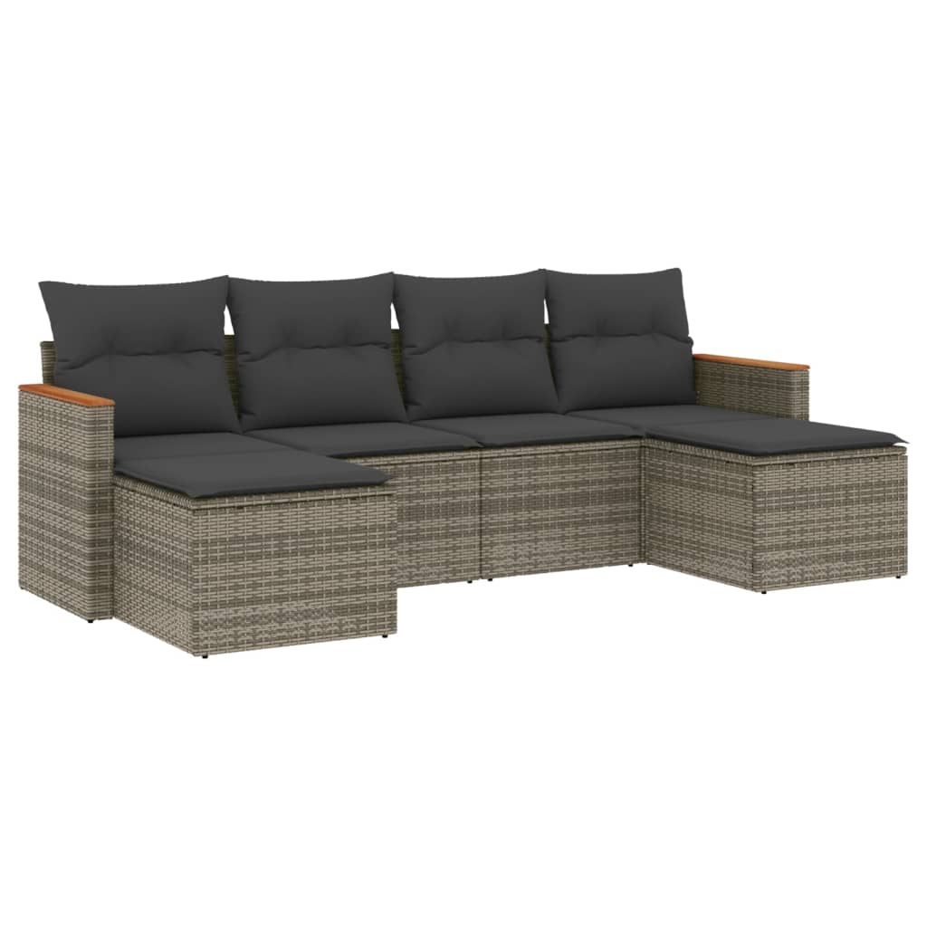 6-delige Loungeset met kussens poly rattan grijs