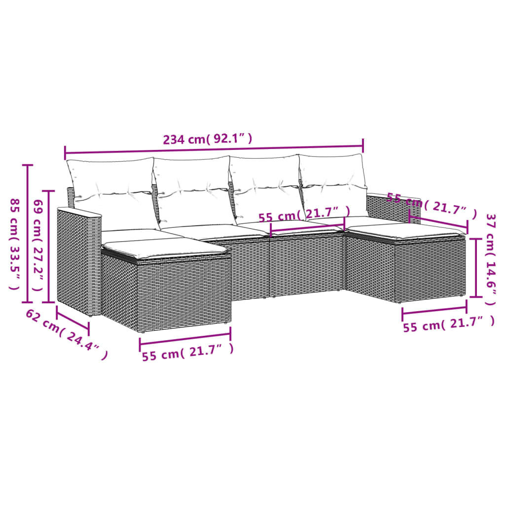 6-delige Loungeset met kussens poly rattan grijs