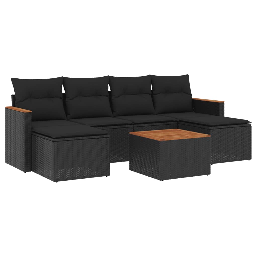 7-delige Loungeset met kussens poly rattan zwart