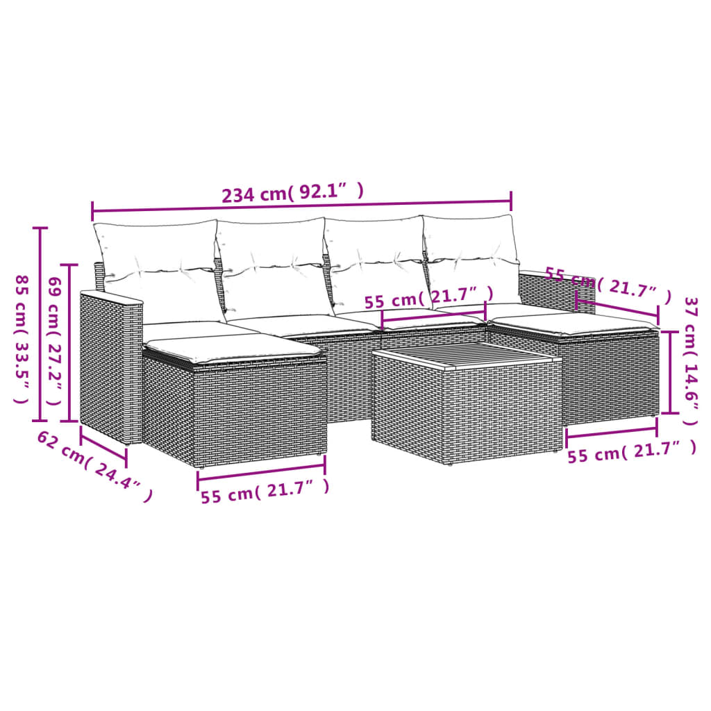 7-delige Loungeset met kussens poly rattan zwart