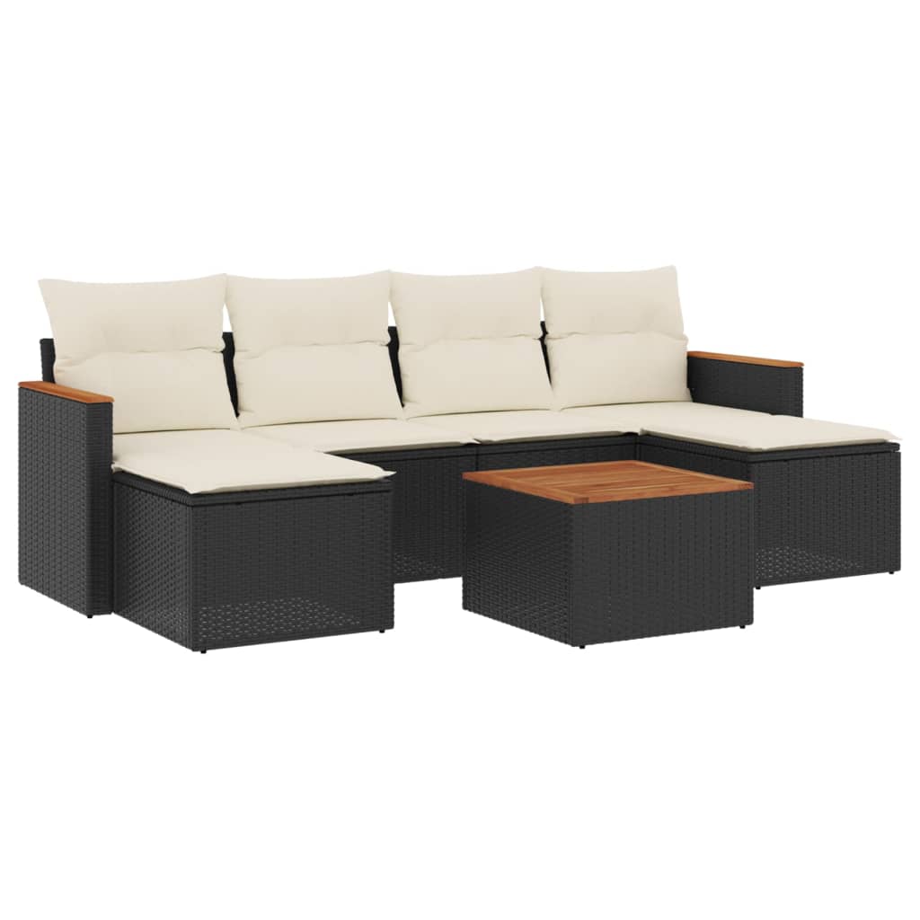 7-delige Loungeset met kussens poly rattan zwart