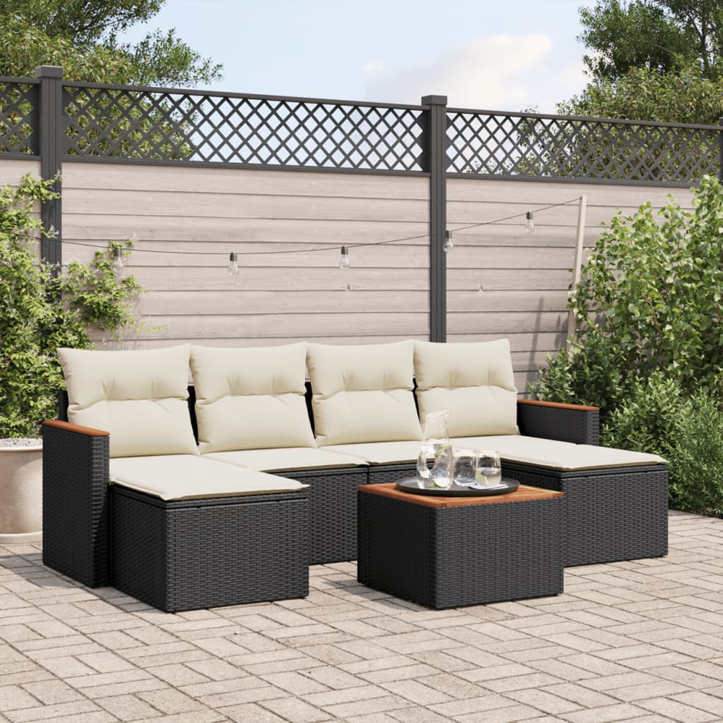 7-delige Loungeset met kussens poly rattan zwart