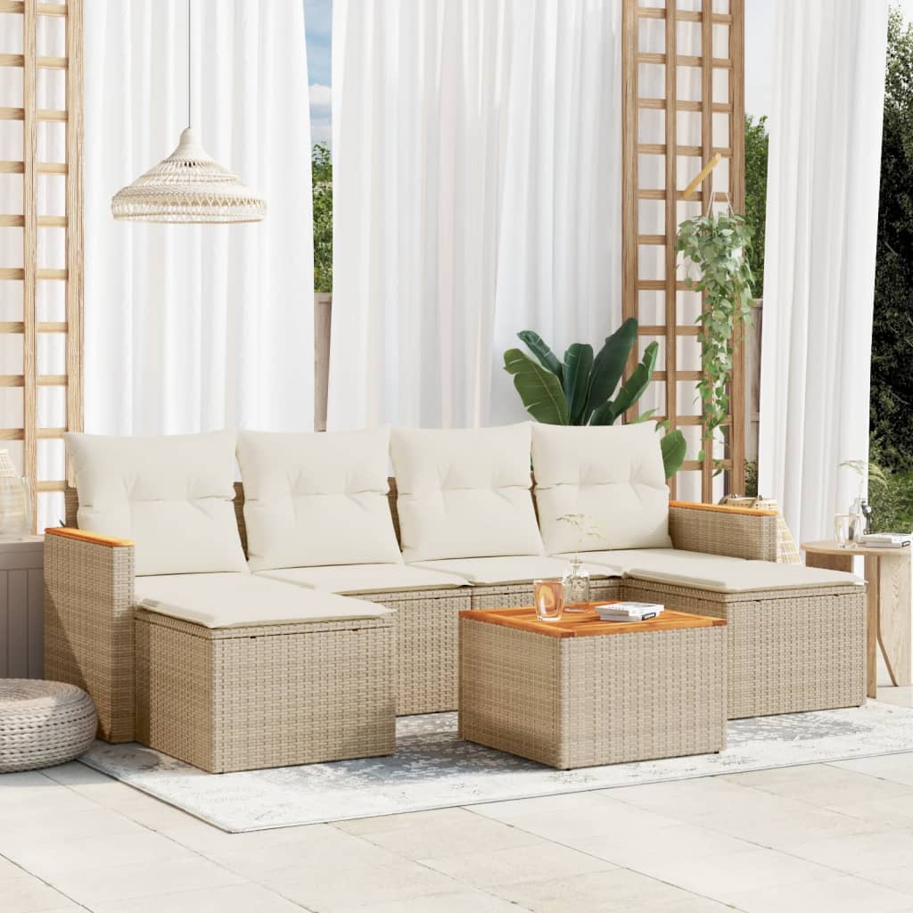 7-delige Loungeset met kussens poly rattan beige