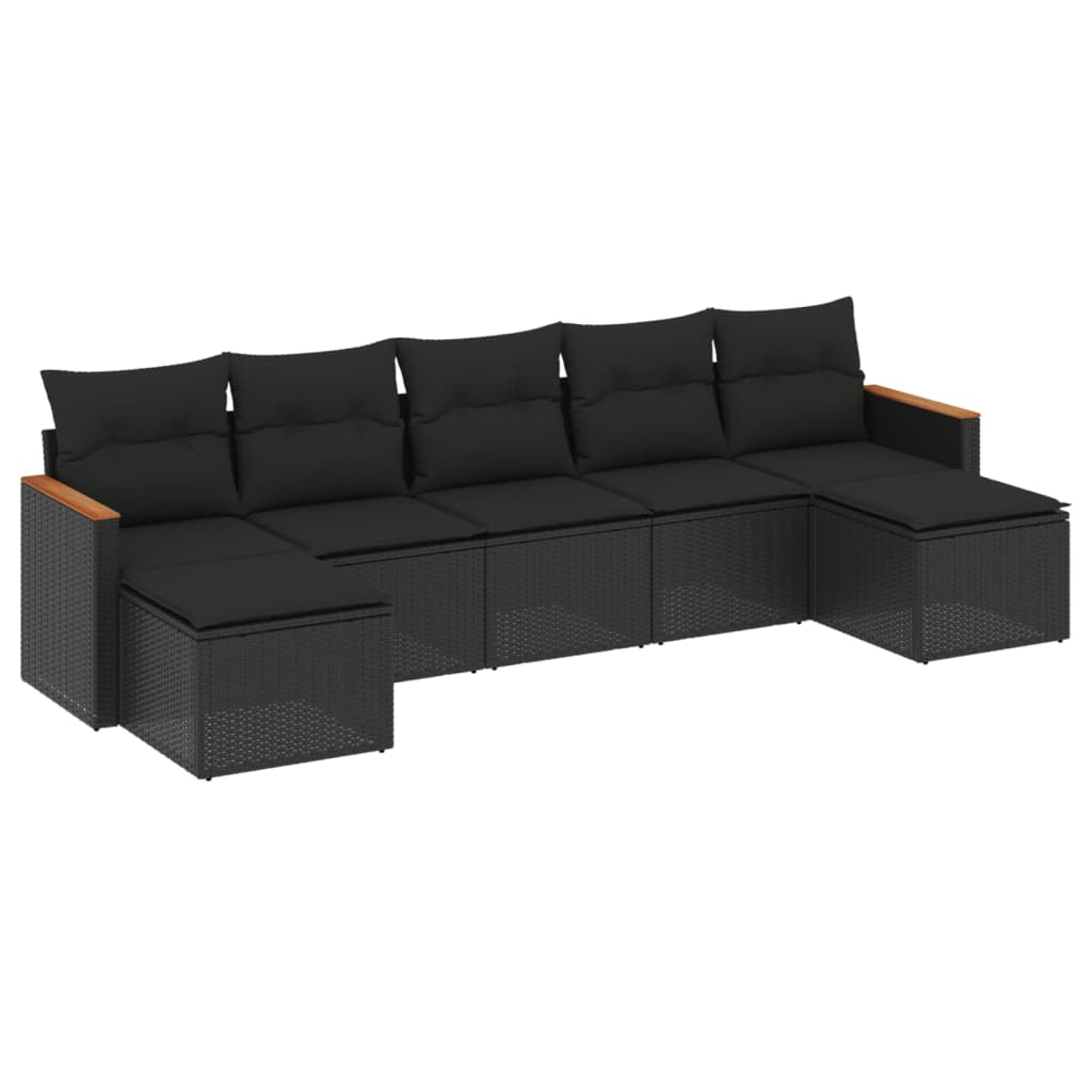 7-delige Loungeset met kussens poly rattan zwart