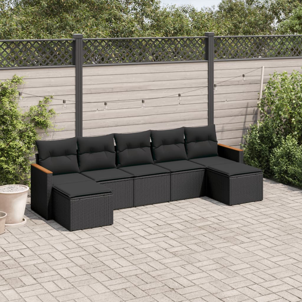 7-delige Loungeset met kussens poly rattan zwart