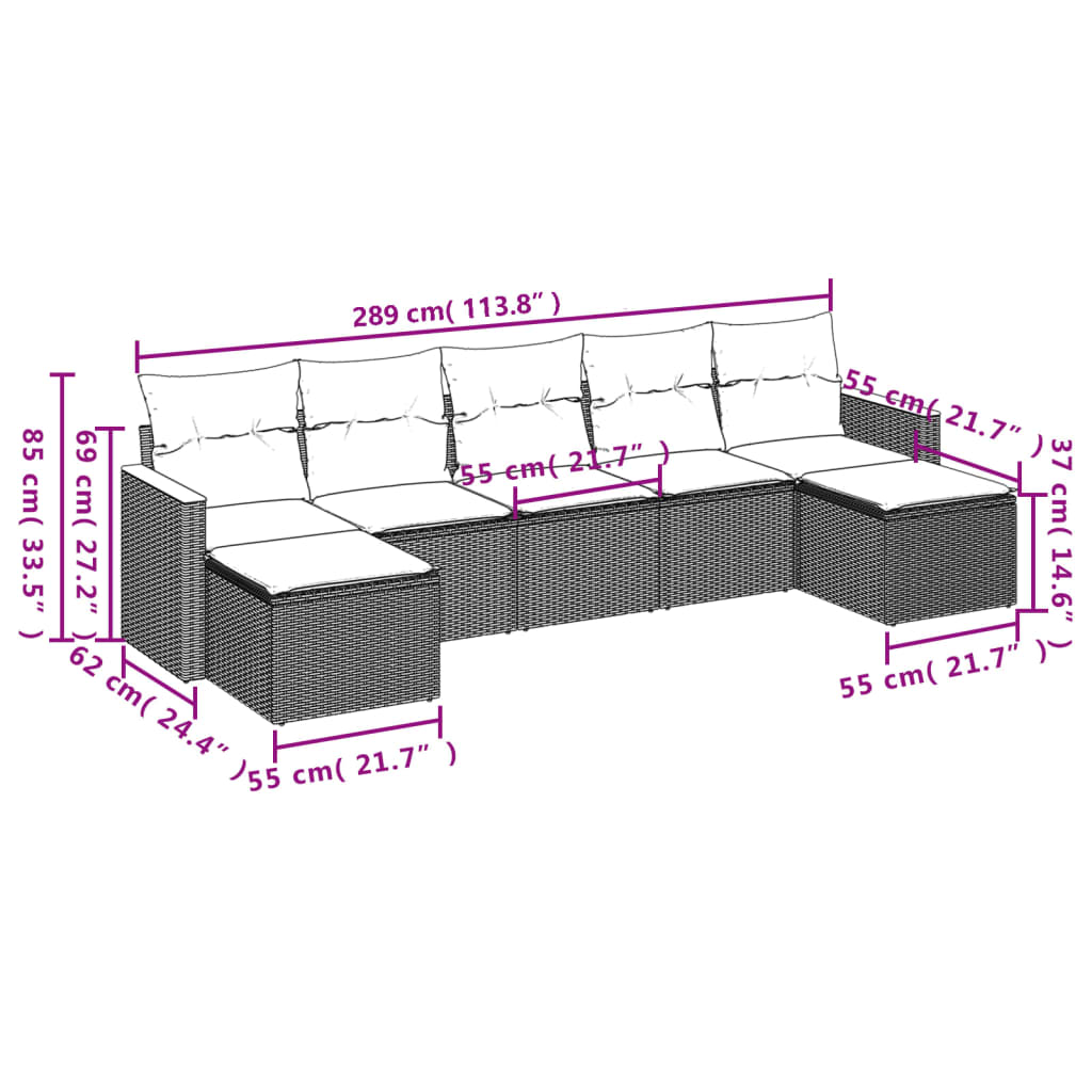 7-delige Loungeset met kussens poly rattan zwart