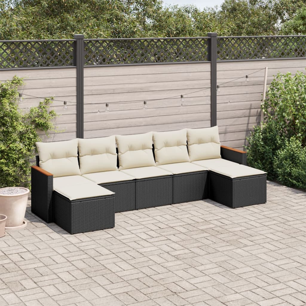 7-delige Loungeset met kussens poly rattan zwart