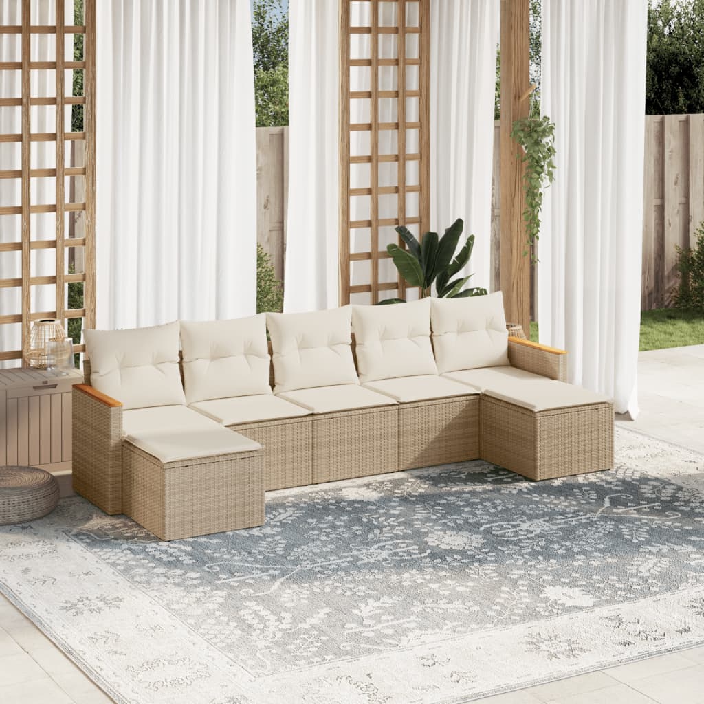 7-delige Loungeset met kussens poly rattan beige