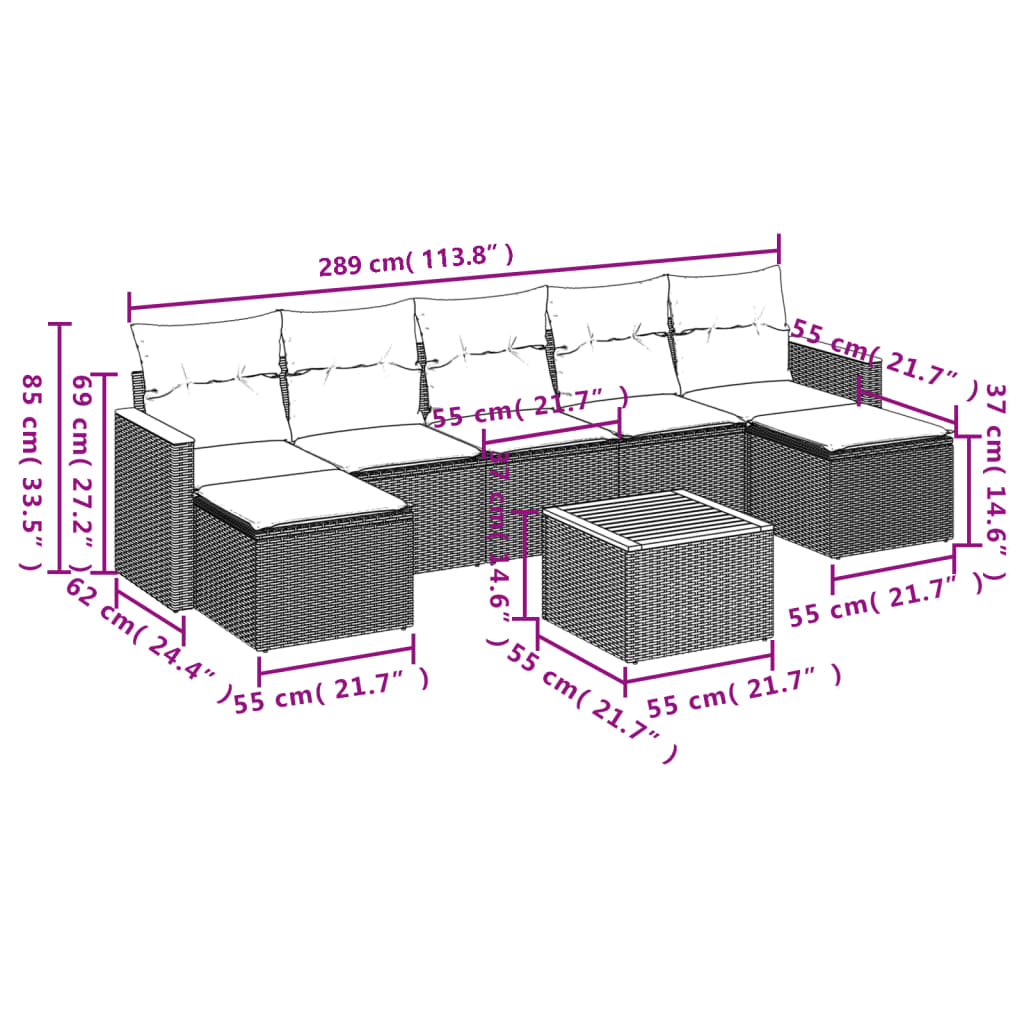 8-delige Loungeset met kussens poly rattan zwart