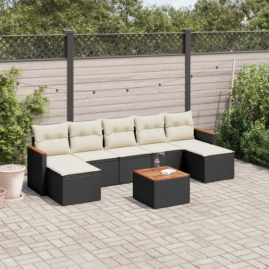 8-delige Loungeset met kussens poly rattan zwart