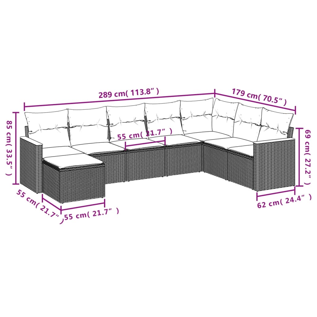 8-delige Loungeset met kussens poly rattan beige