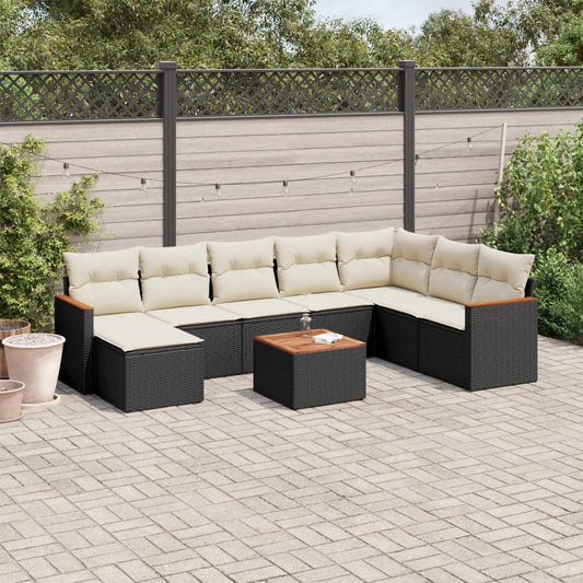 9-delige Loungeset met kussens poly rattan zwart