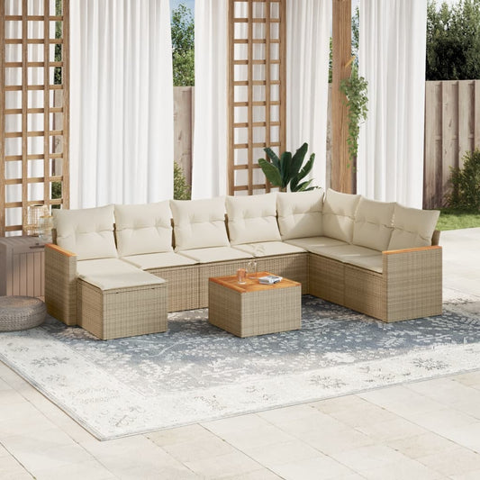 9-delige Loungeset met kussens poly rattan beige