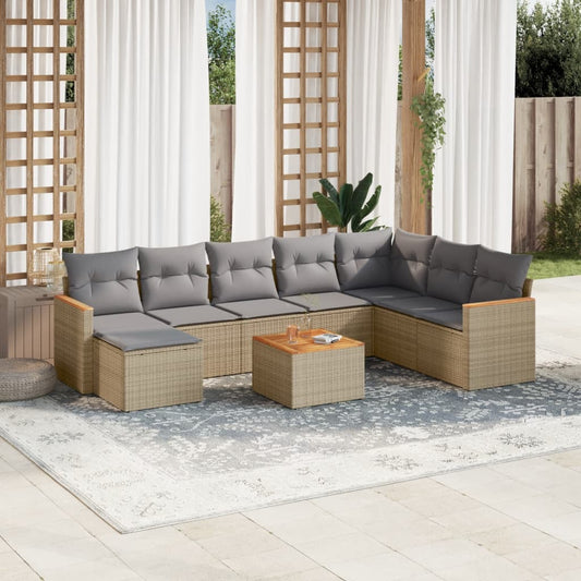 9-delige Loungeset met kussens poly rattan beige