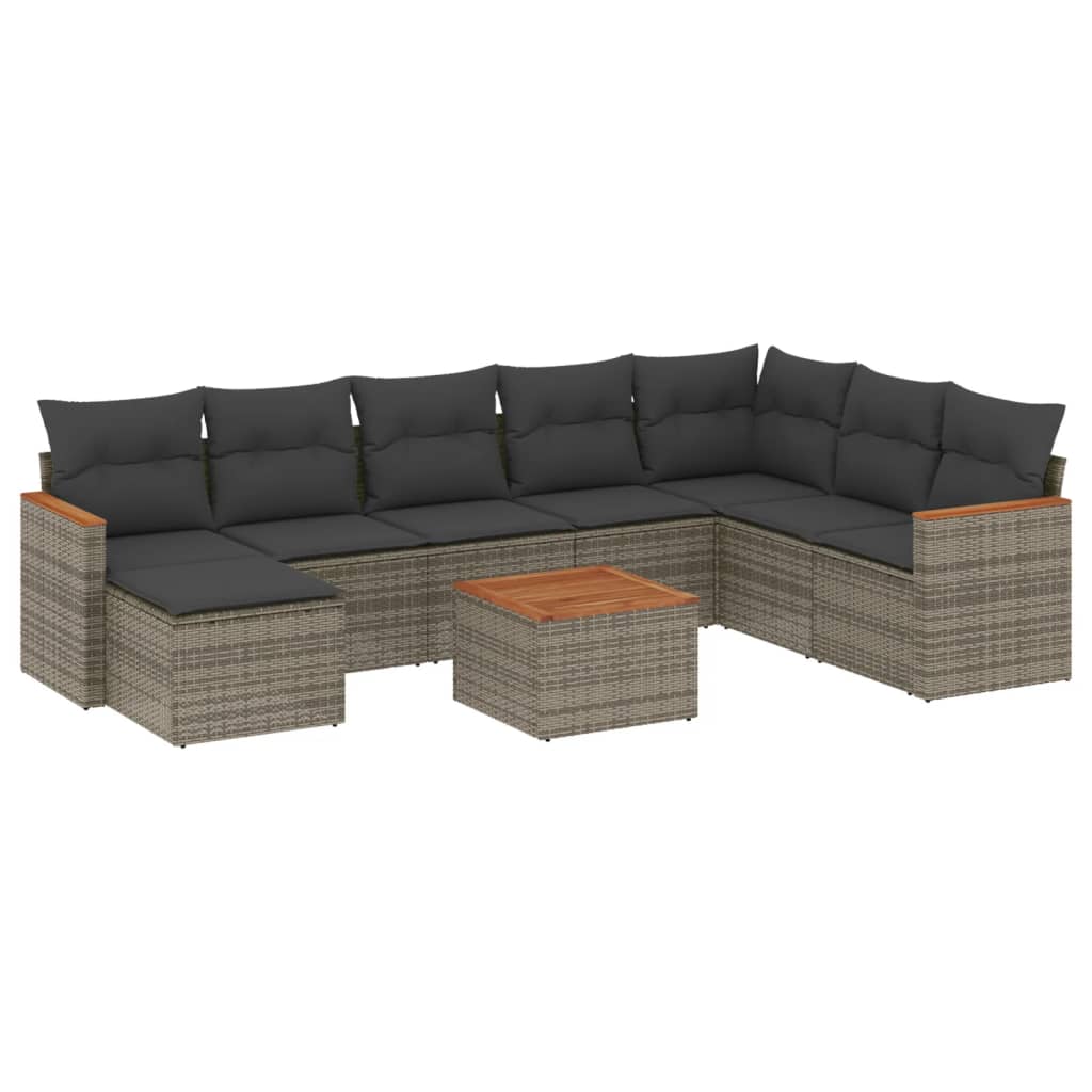 9-delige Loungeset met kussens poly rattan grijs