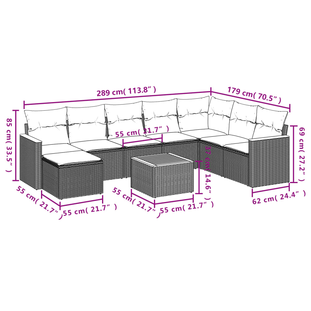 9-delige Loungeset met kussens poly rattan grijs