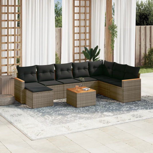 9-delige Loungeset met kussens poly rattan grijs