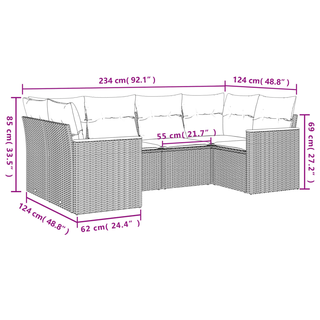 6-delige Loungeset met kussens poly rattan zwart