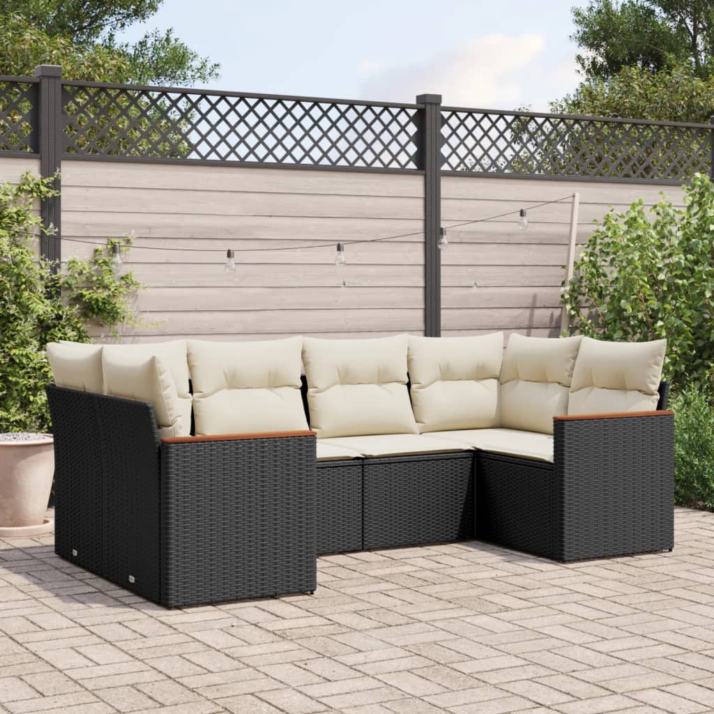 6-delige Loungeset met kussens poly rattan zwart