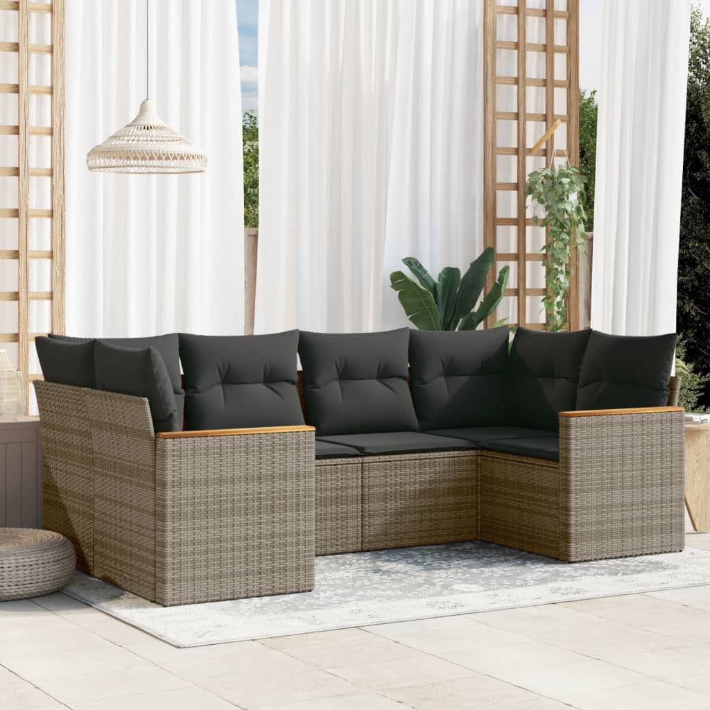 6-delige Loungeset met kussens poly rattan grijs