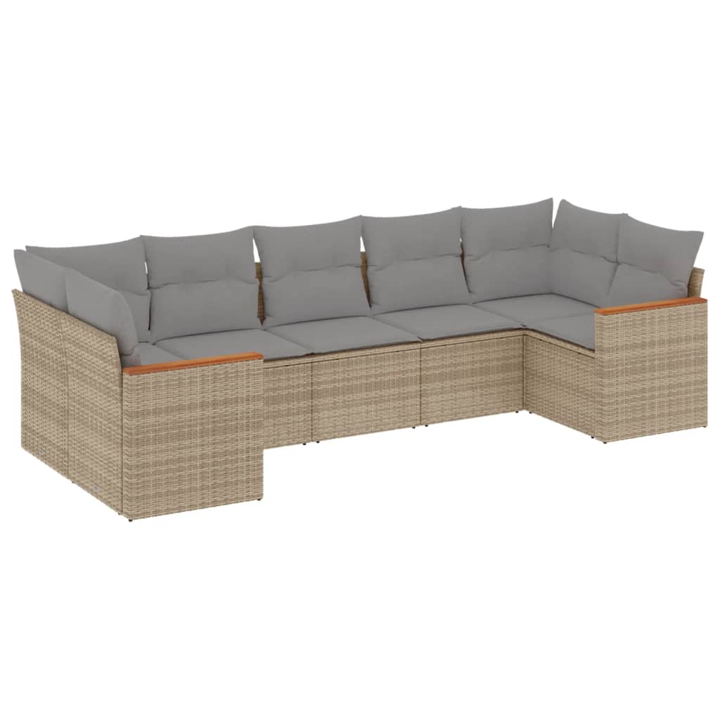 7-delige Loungeset met kussens poly rattan beige