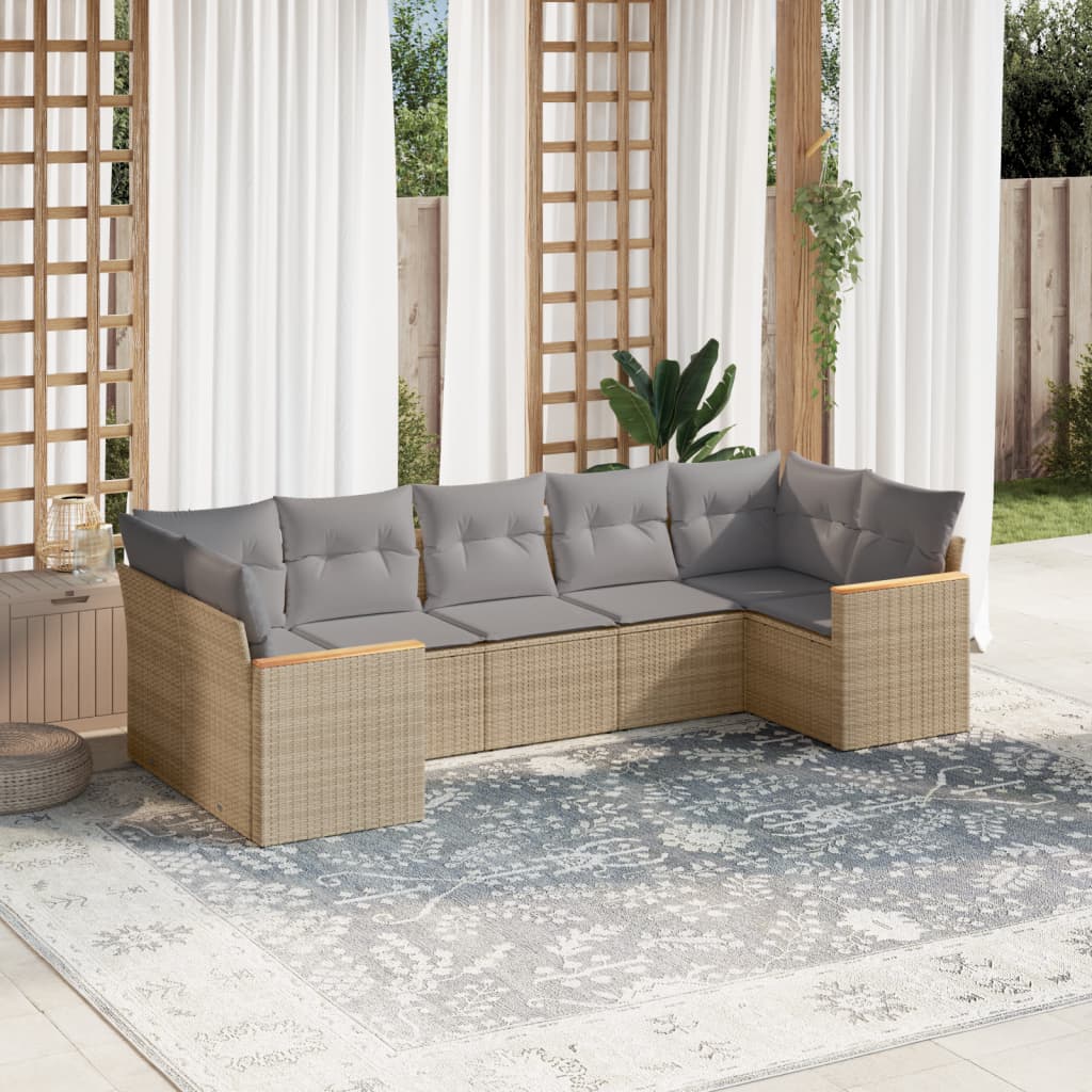 7-delige Loungeset met kussens poly rattan beige