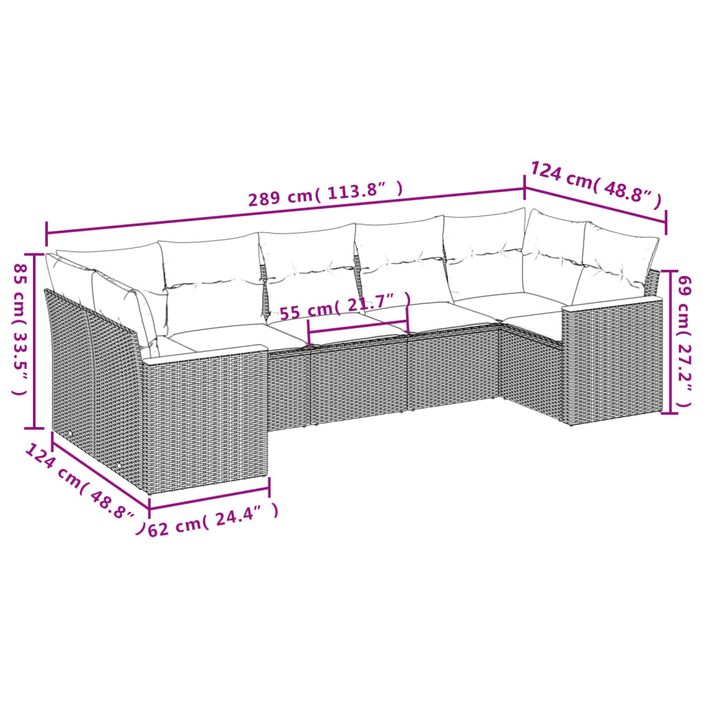 7-delige Loungeset met kussens poly rattan grijs