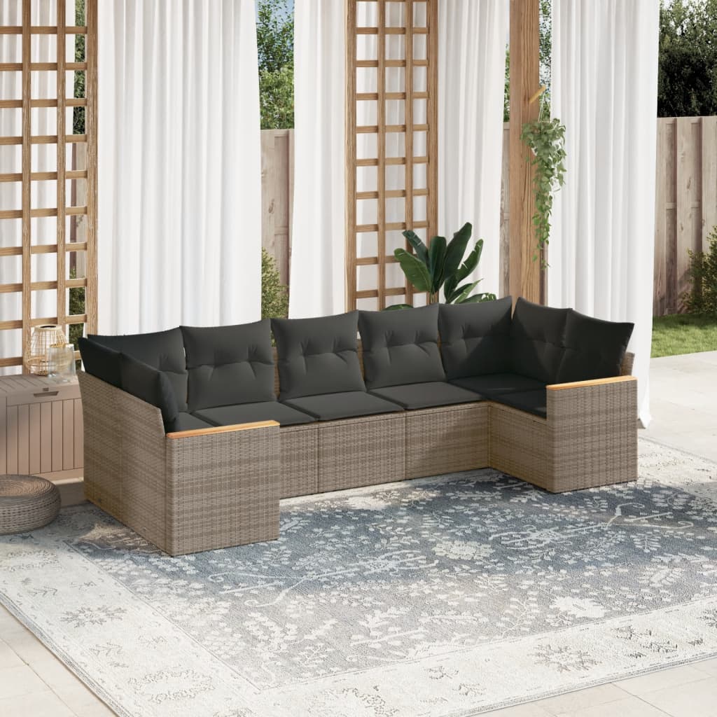 7-delige Loungeset met kussens poly rattan grijs