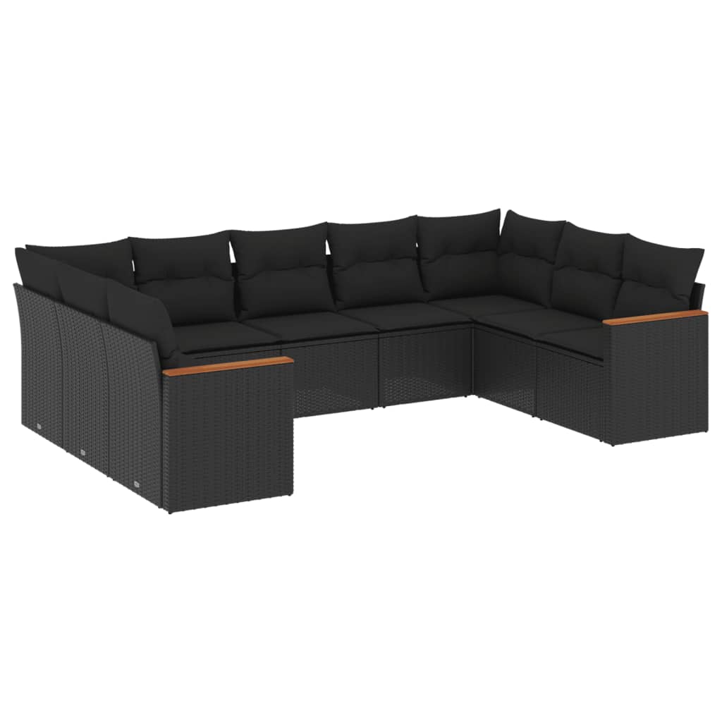 9-delige Loungeset met kussens poly rattan zwart