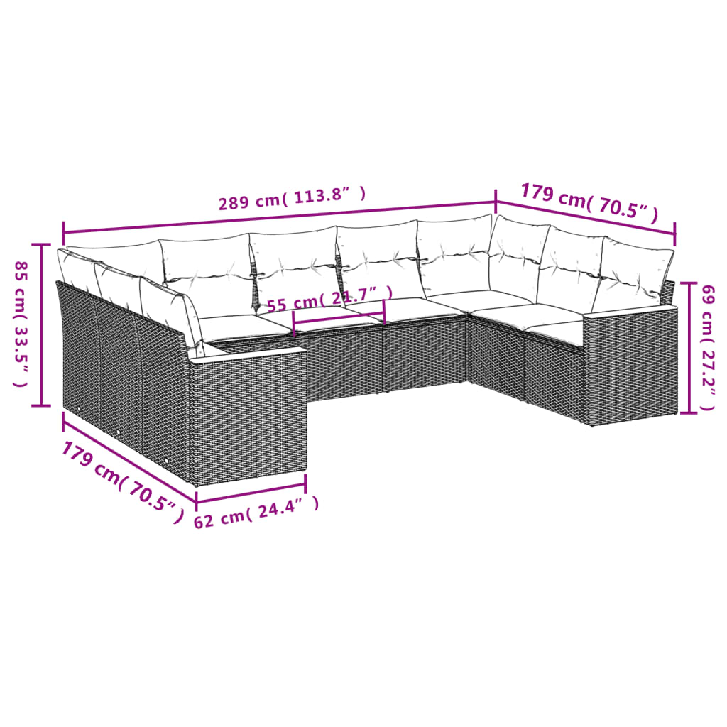 9-delige Loungeset met kussens poly rattan zwart