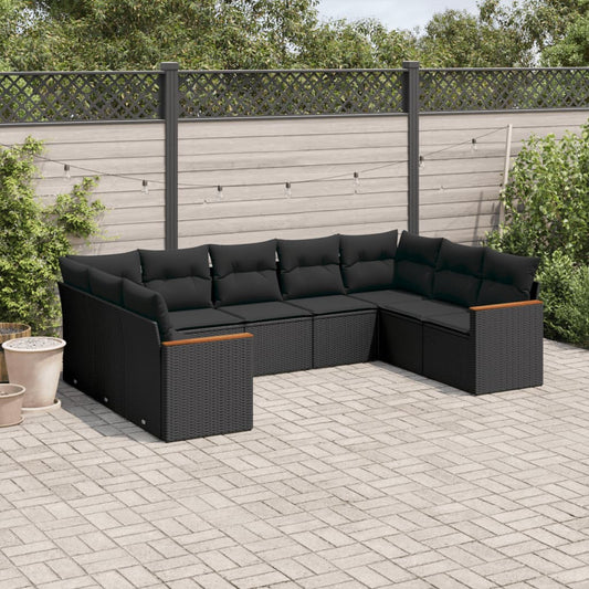 9-delige Loungeset met kussens poly rattan zwart