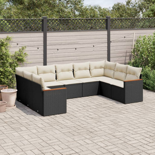 9-delige Loungeset met kussens poly rattan zwart