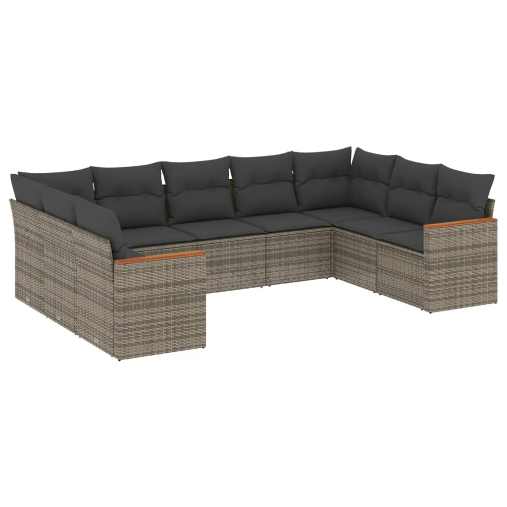 9-delige Loungeset met kussens poly rattan grijs