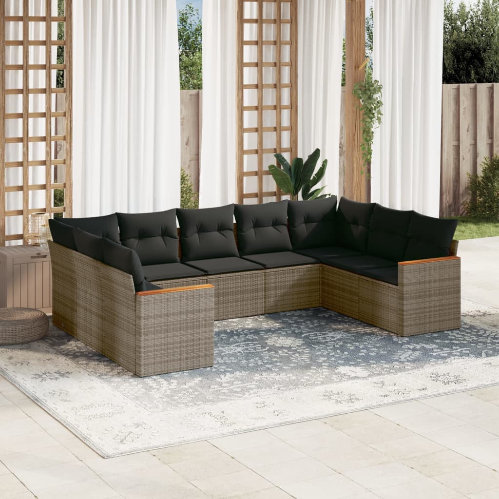 9-delige Loungeset met kussens poly rattan grijs