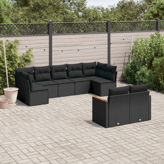 9-delige Loungeset met kussens poly rattan zwart