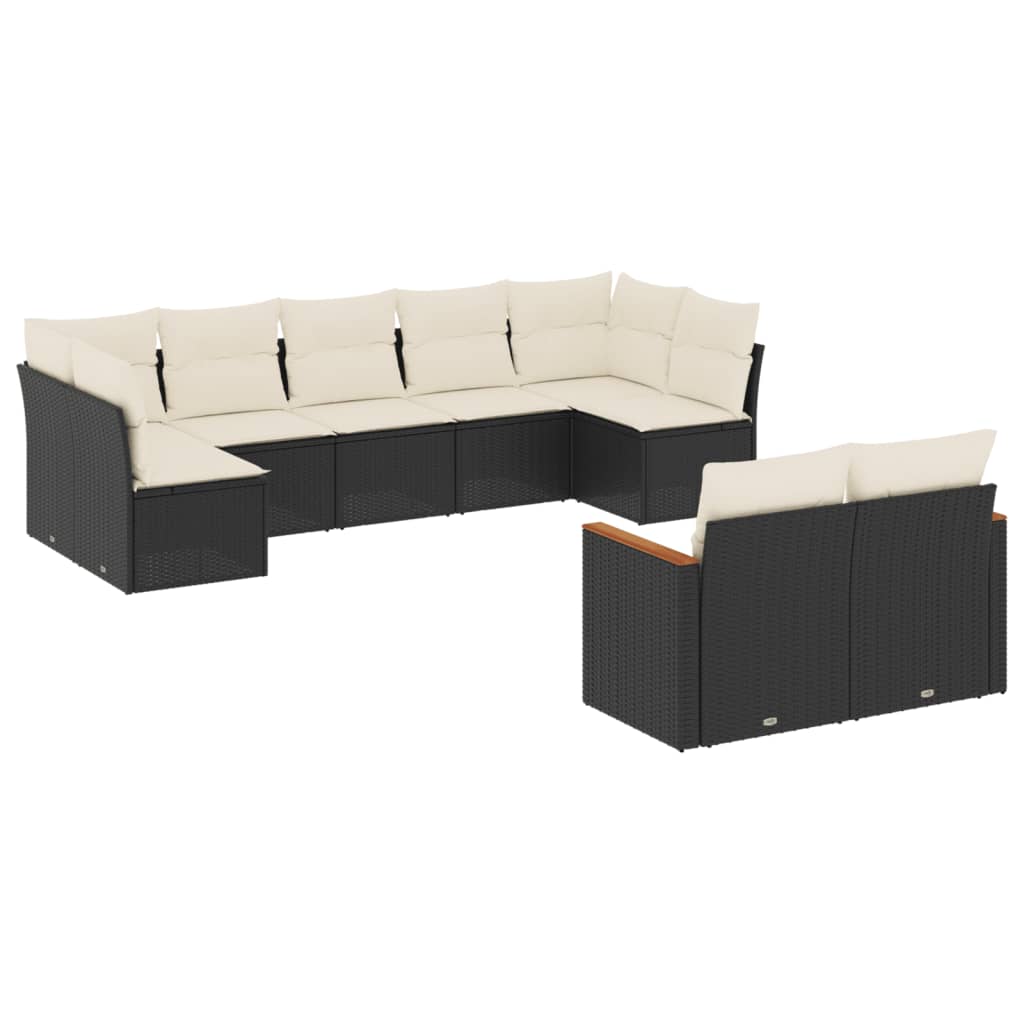 9-delige Loungeset met kussens poly rattan zwart