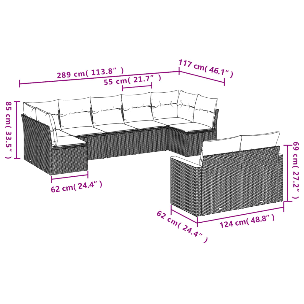 9-delige Loungeset met kussens poly rattan zwart