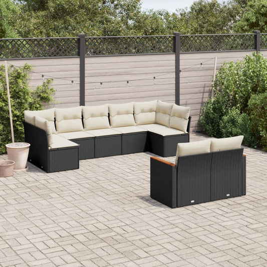 9-delige Loungeset met kussens poly rattan zwart