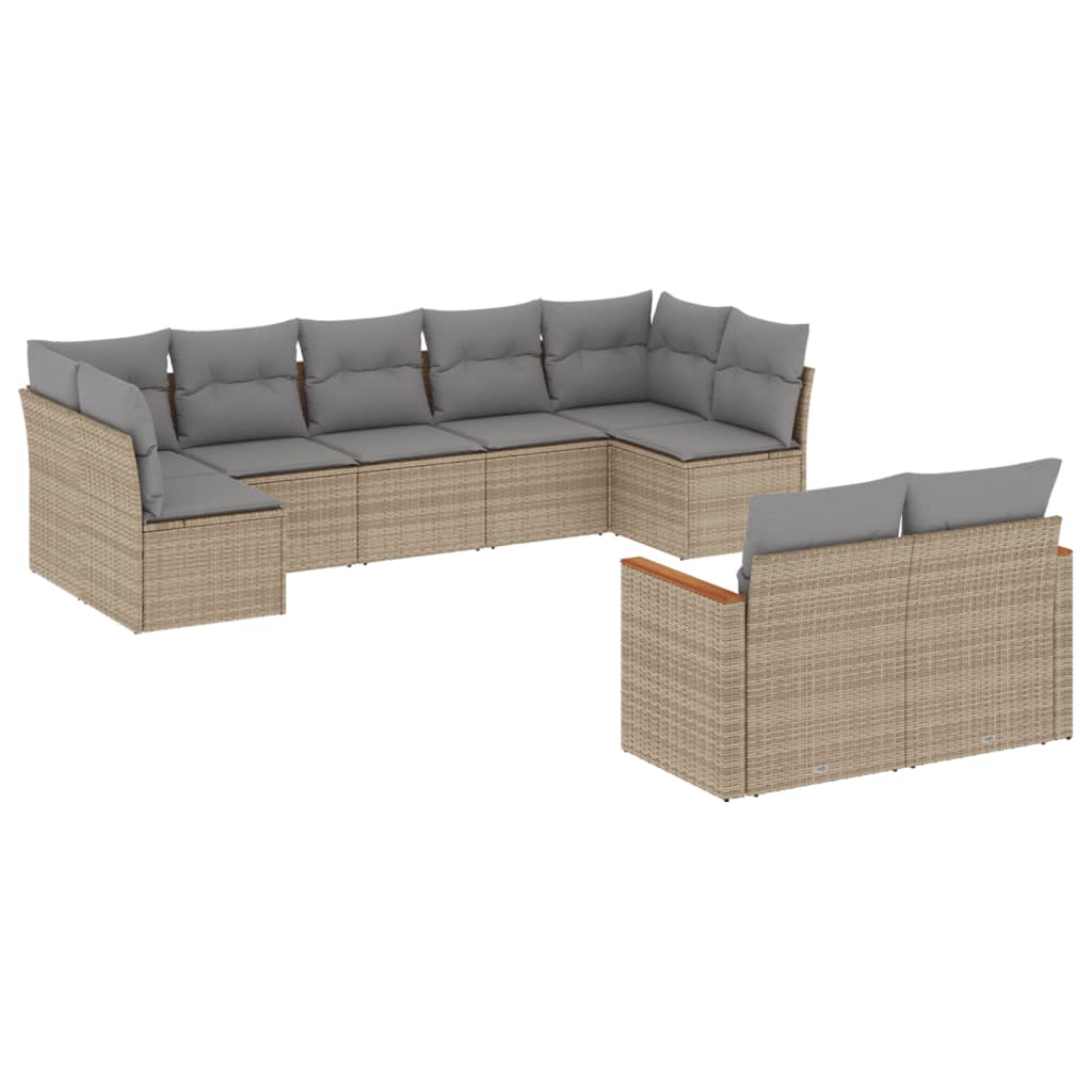 9-delige Loungeset met kussens poly rattan beige