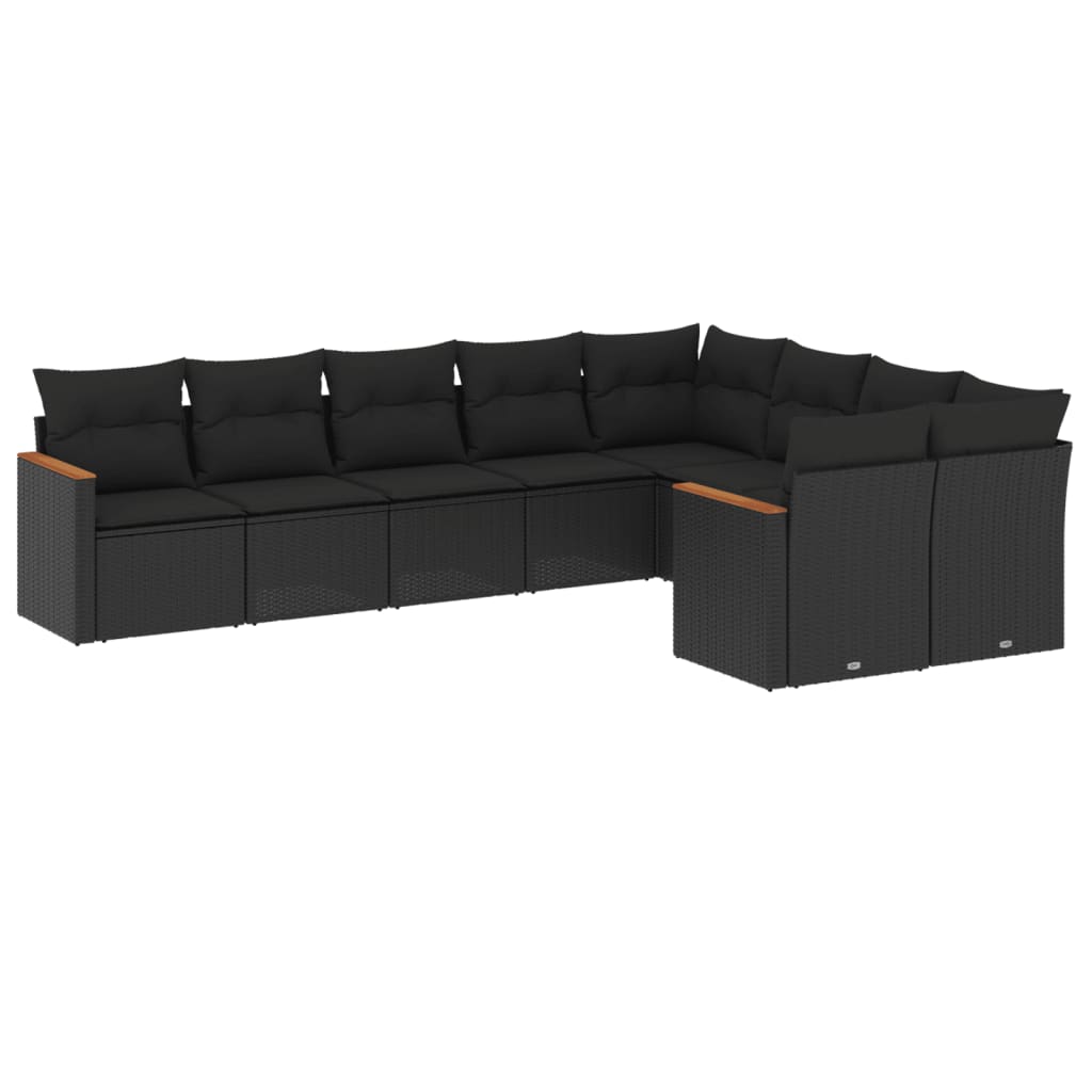 9-delige Loungeset met kussens poly rattan zwart