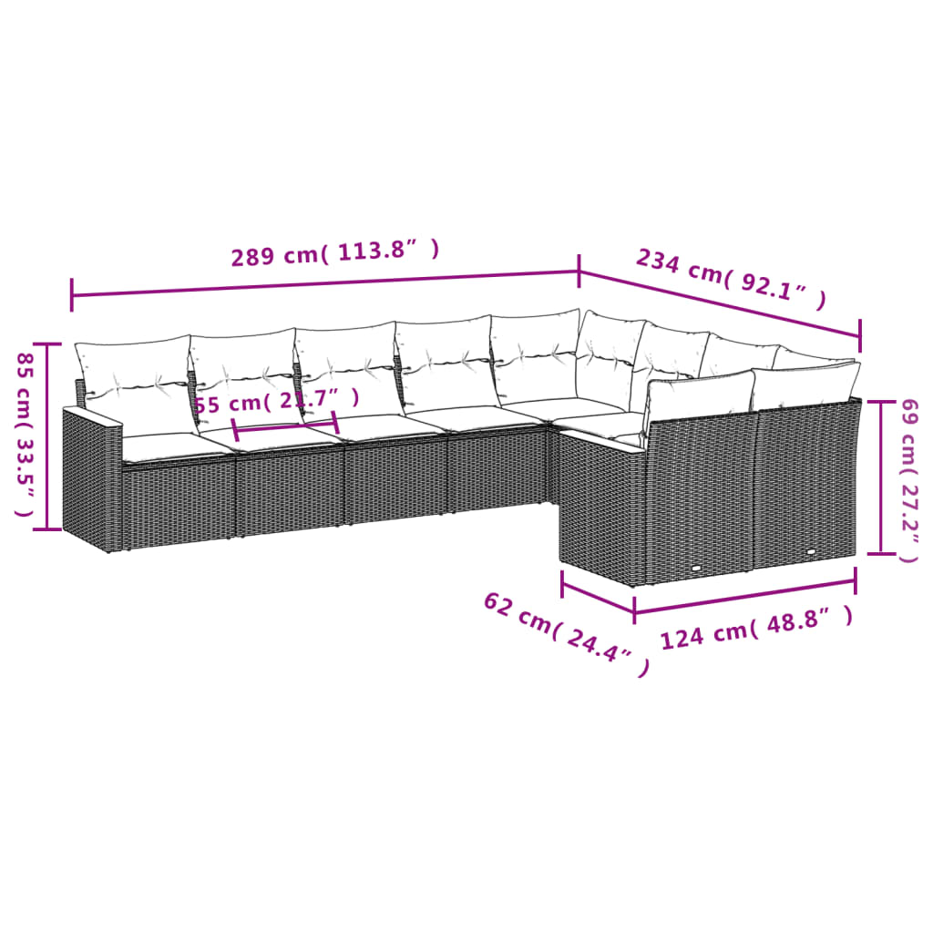 9-delige Loungeset met kussens poly rattan zwart