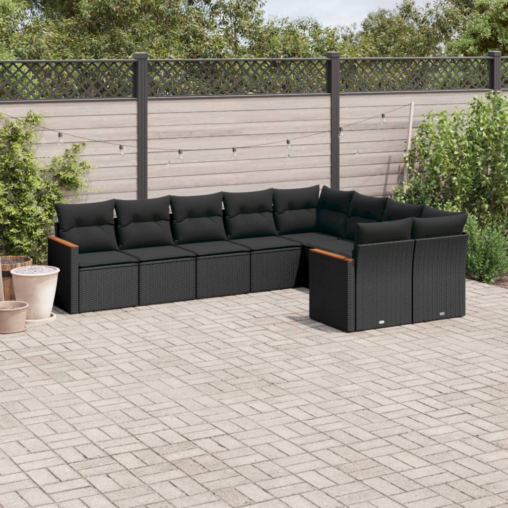 9-delige Loungeset met kussens poly rattan zwart