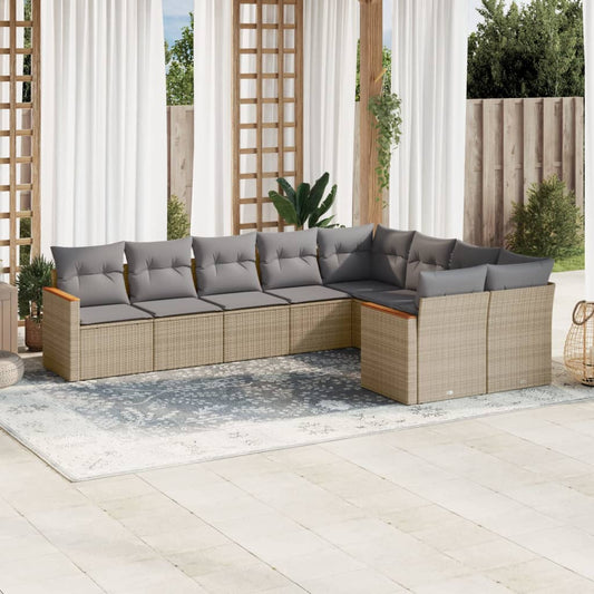 9-delige Loungeset met kussens poly rattan beige