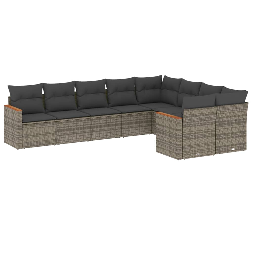 9-delige Loungeset met kussens poly rattan grijs