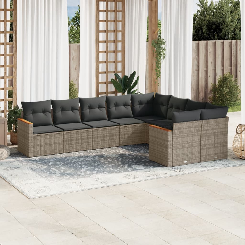 9-delige Loungeset met kussens poly rattan grijs