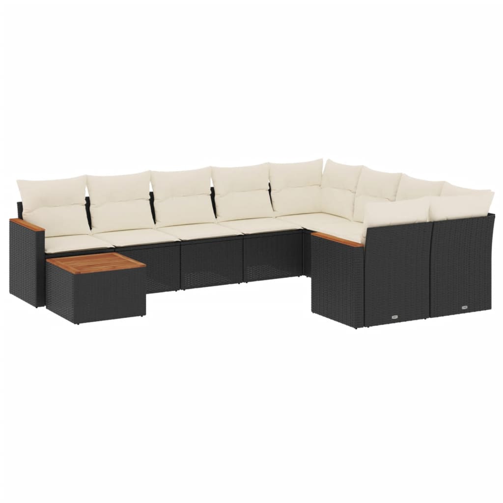 10-delige Loungeset met kussens poly rattan zwart