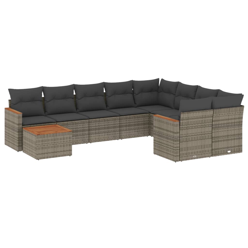 10-delige Loungeset met kussens poly rattan grijs